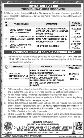 Oil & Gas Development Company Limited Islamabad Tender Notice